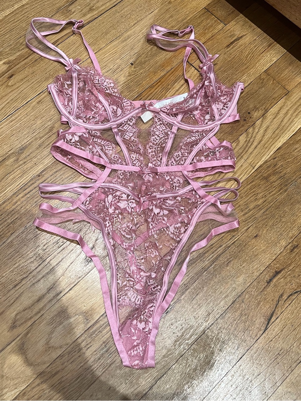 For Love & Lemons Pink Shimmer Lace Strappy Bodysuit